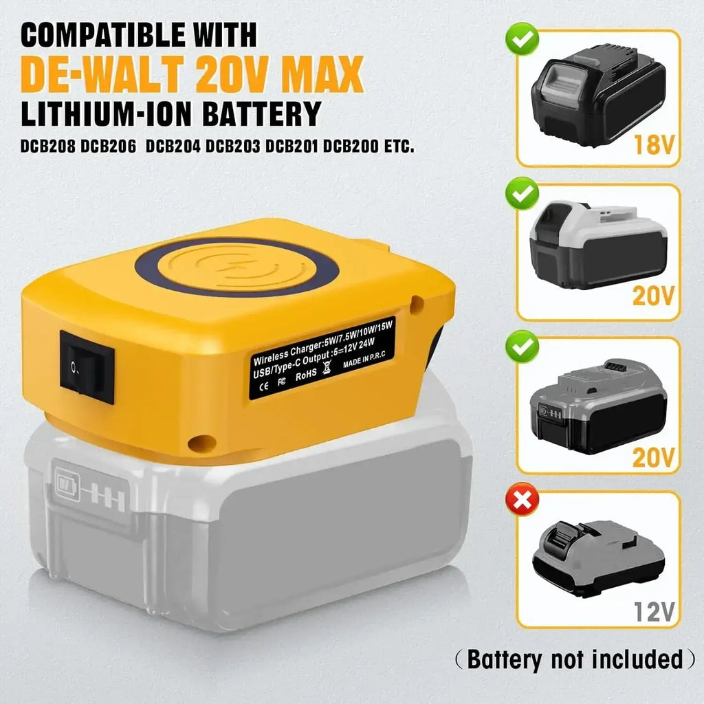 Yellow Dewalt 20v max lithium-ion power bank battery charger with fast charging and black power switch features