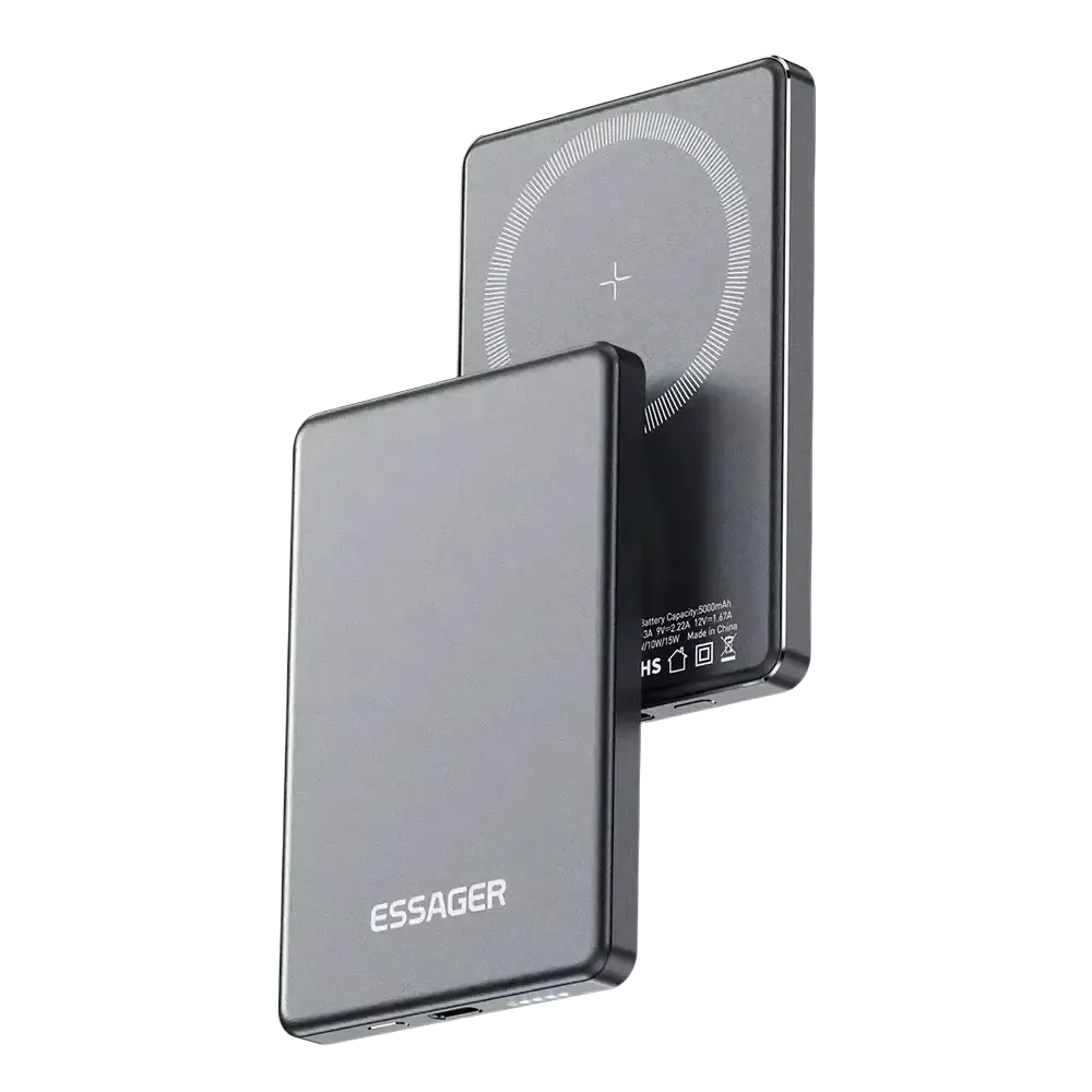 Essager pd 20w wireless power bank with magsafe 5000mah capacity in sleek matte black minimalist design