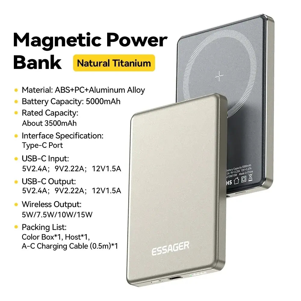 Silver rectangular wireless power bank magsafe 20w 5000mah with matte finish and circular charging indicator on back made of abs pc aluminum alloy