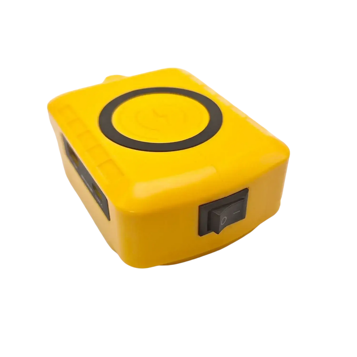 Bright yellow wireless power bank with black circular pad and switch for Milwaukee 18v fast charging devices