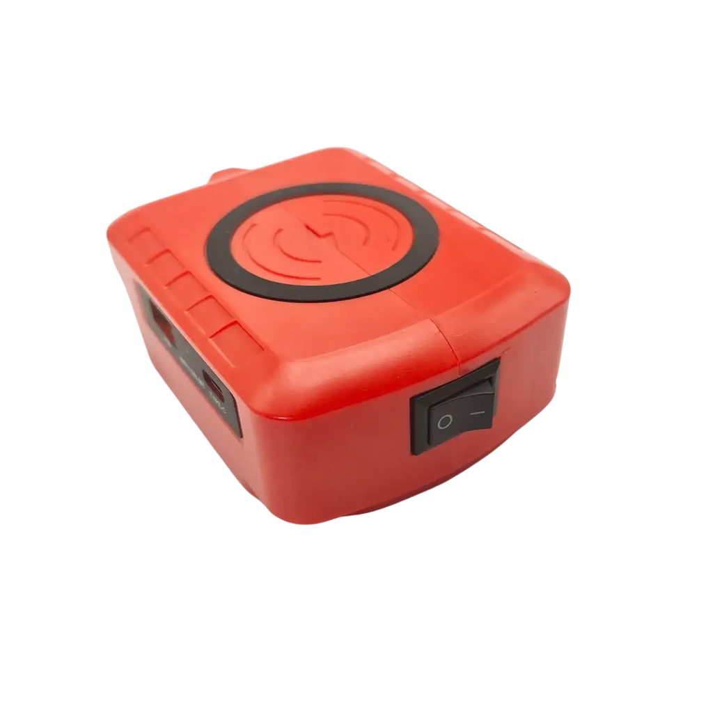 Red rectangular wireless power bank with black charging pad and power switch featuring fast charging protocol for makita dewalt milwaukee 18v