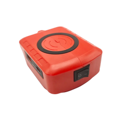 Red rectangular wireless power bank with black charging pad and power switch featuring fast charging protocol for makita dewalt milwaukee 18v