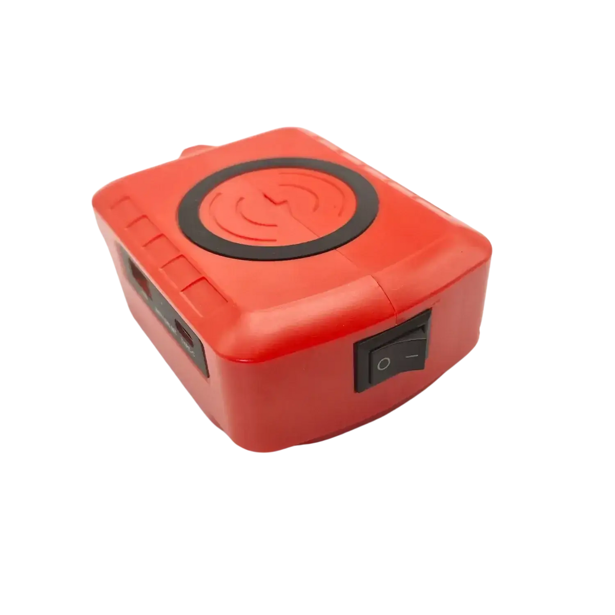 Red rectangular wireless power bank with black circular charging pad and side power switch for milwaukee 18v fast charging