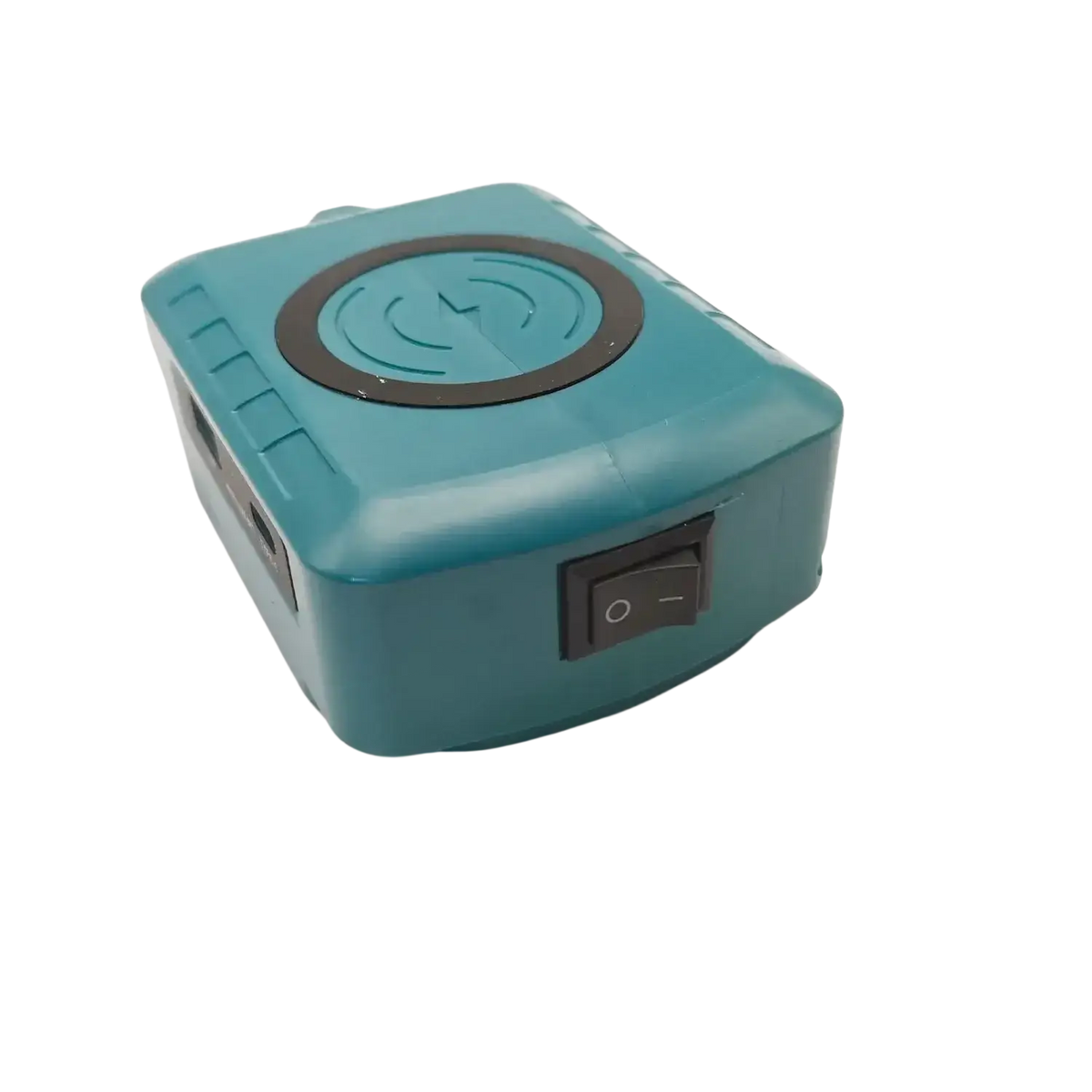 Teal wireless power bank with black induction coil and side power switch for milwaukee 18v fast charging