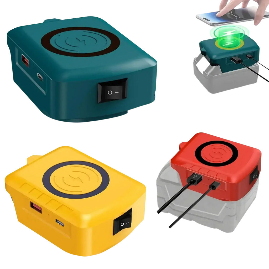 Wireless power bank for milwaukee 18v with fast charging in teal yellow and red with black circular pads and usb ports