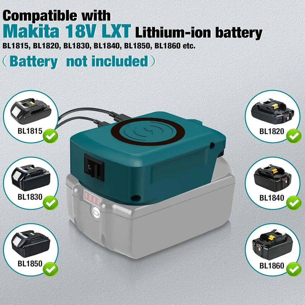 Teal and gray makita 18v lxt wireless power bank with circular charging indicator and fast charging protocol