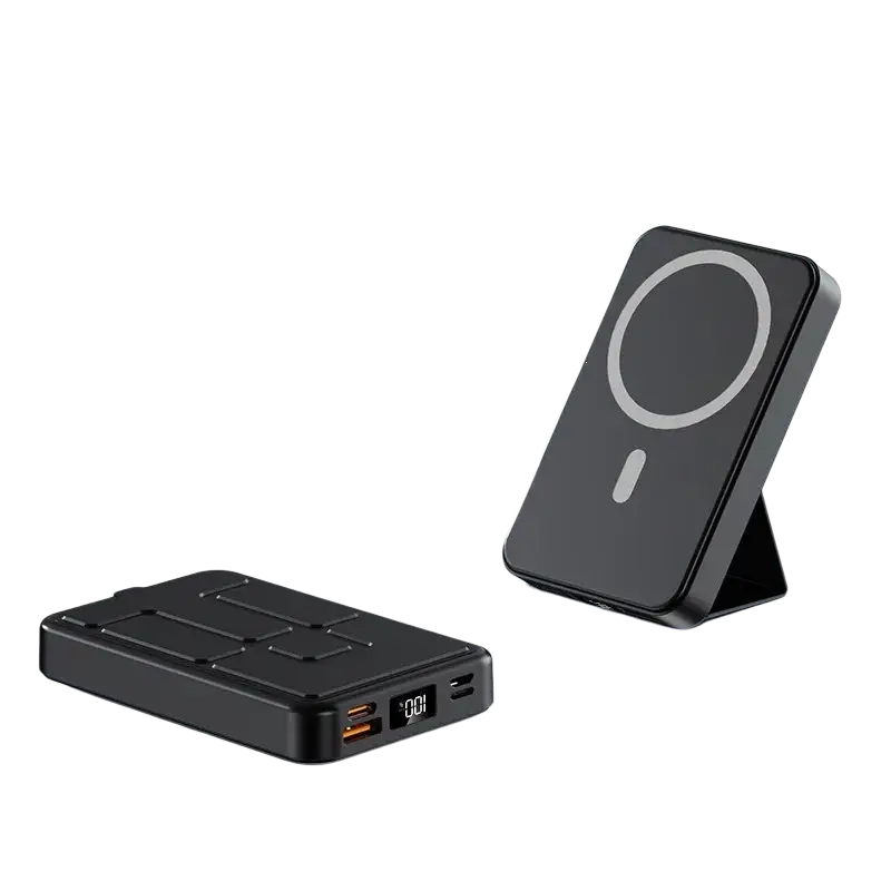 Black rectangular wireless charger power bank with magnetic phone stand and quick charge capabilities