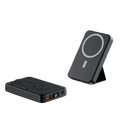 Black rectangular wireless charger power bank with magnetic phone stand and quick charge capabilities