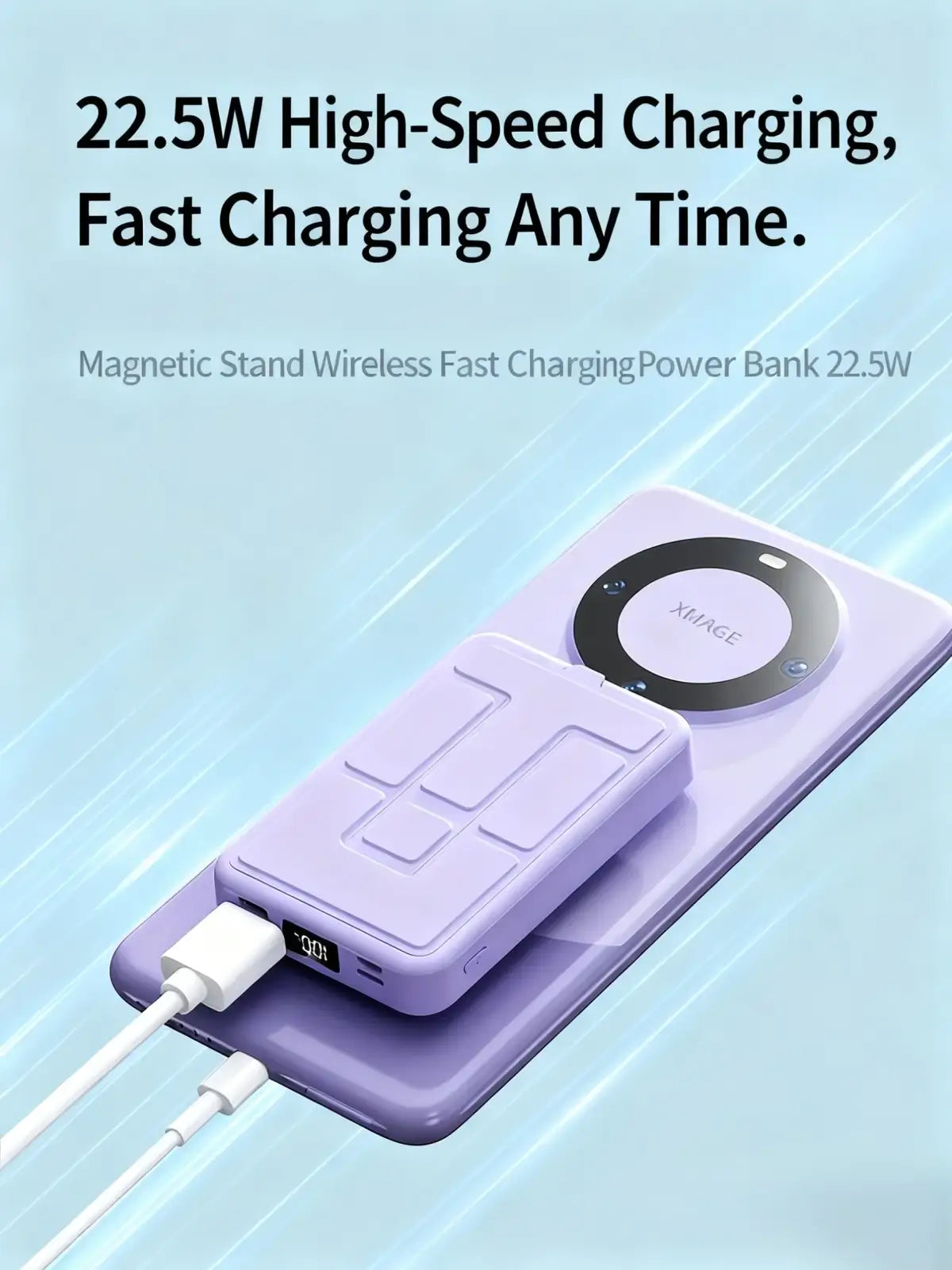 Lavender wireless charger power bank with magnetic stand 22.5w quick charge and integrated cable ports for portability