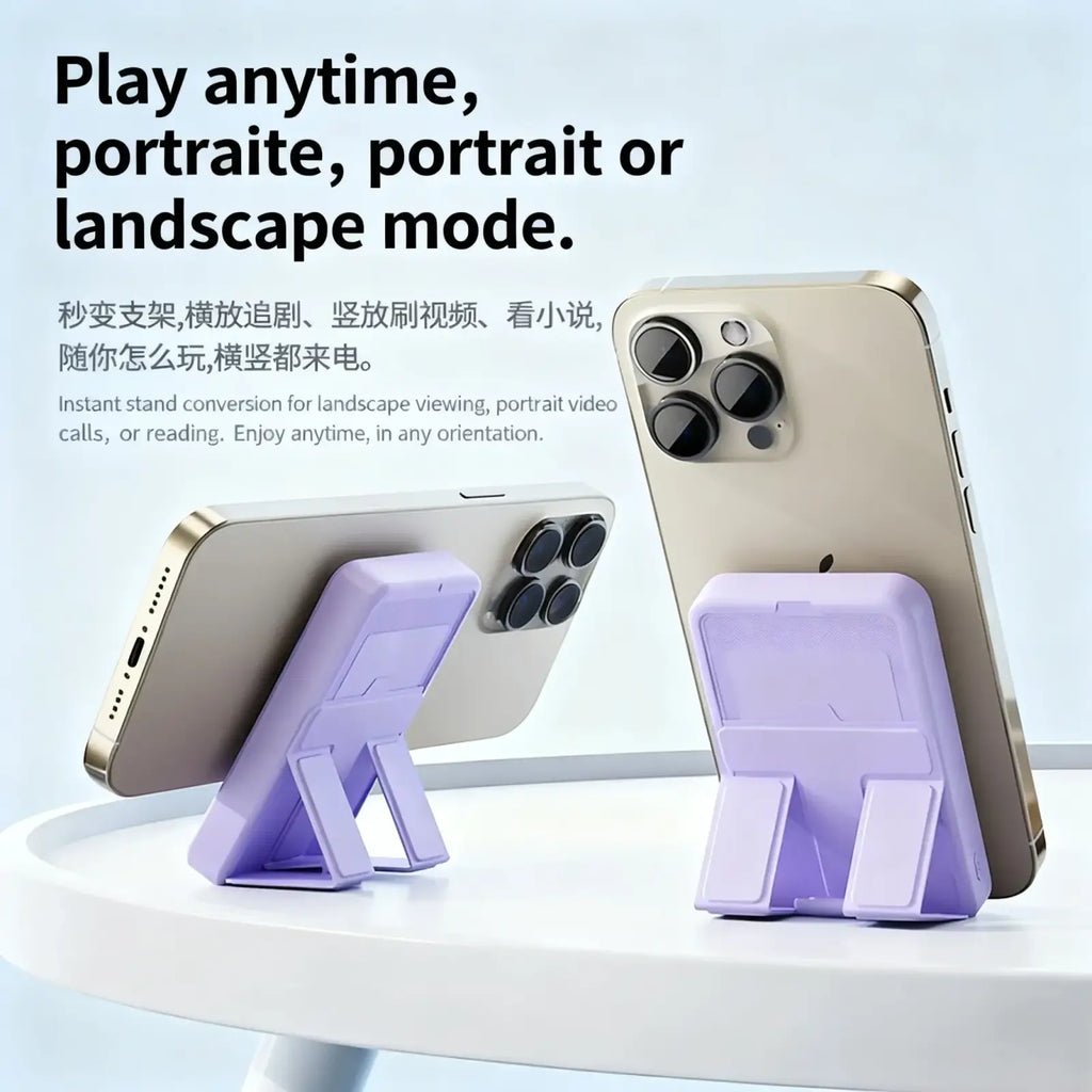 Lavender plastic wireless power bank with foldable phone stand and quick charge feature for convenient charging
