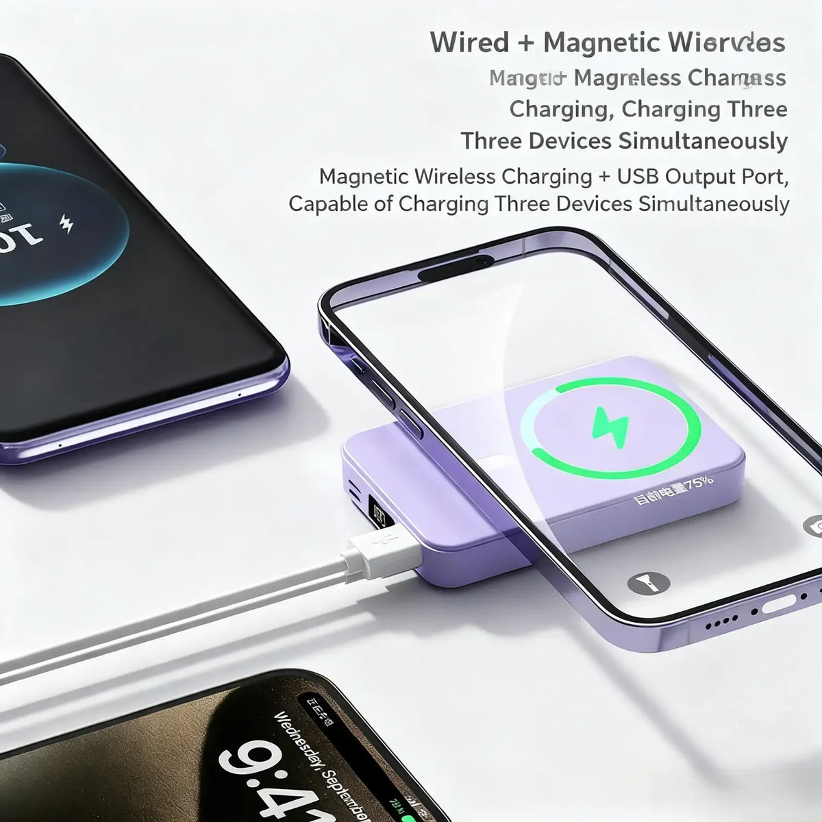 Purple rectangular wireless charger with magnetic and wired ports for simultaneous quick charge of three devices