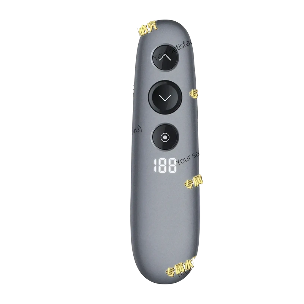 Gray h100 wireless presenter remote with air mouse spotlight featuring three black circular buttons and digital display 88