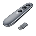 Wireless presenter remote with air mouse and spotlight in gray metallic finish with three black buttons and digital display 180