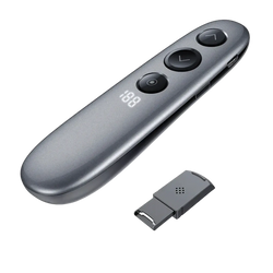 Wireless presenter remote with air mouse and spotlight in gray metallic finish with three black buttons and digital display 180