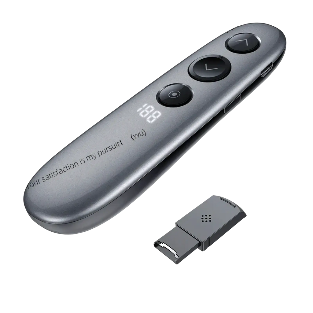 Gray metallic wireless presenter remote with air mouse, spotlight, three buttons, and digital display showing 100