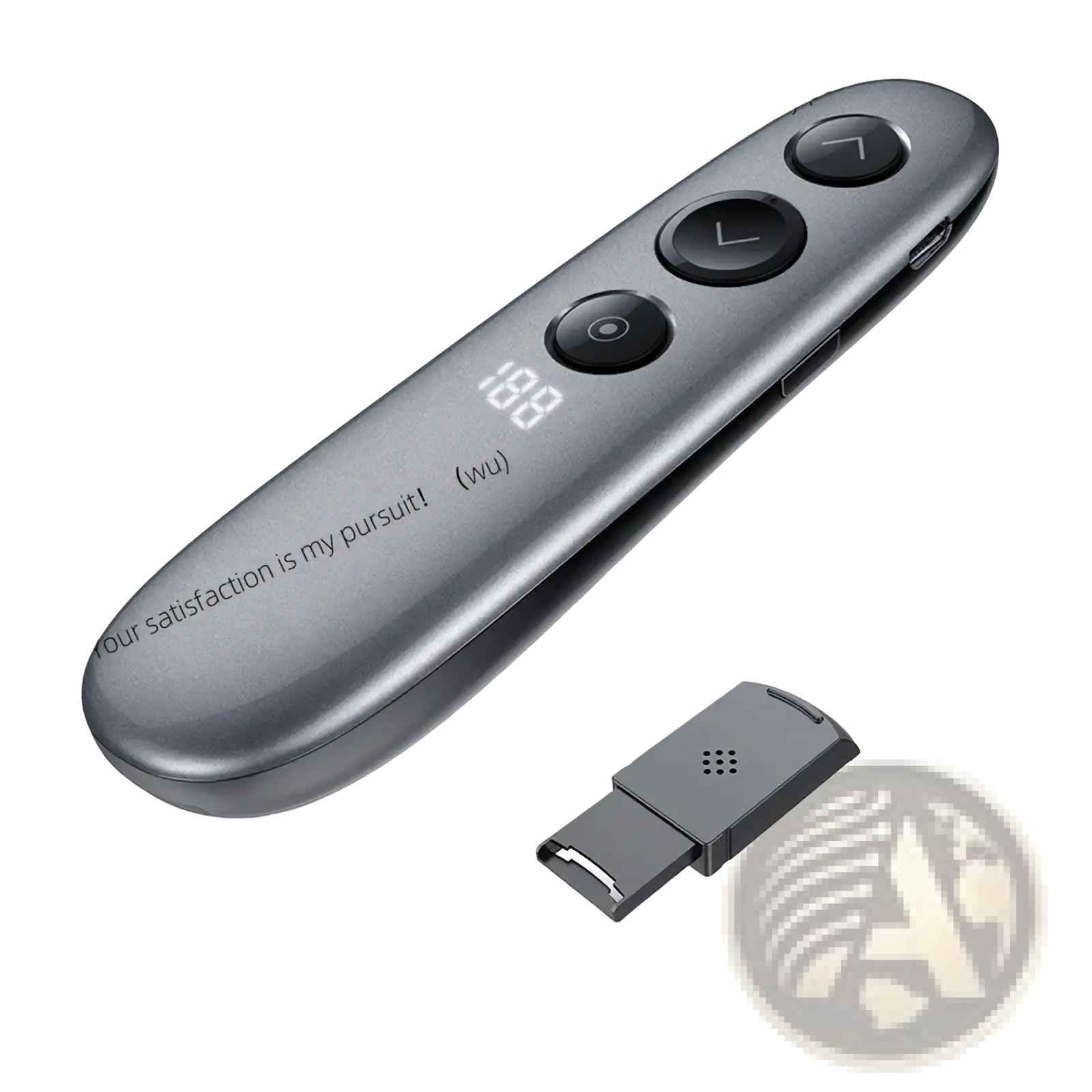 Gray metallic wireless presenter remote with air mouse, spotlight, three buttons, and digital display showing 100