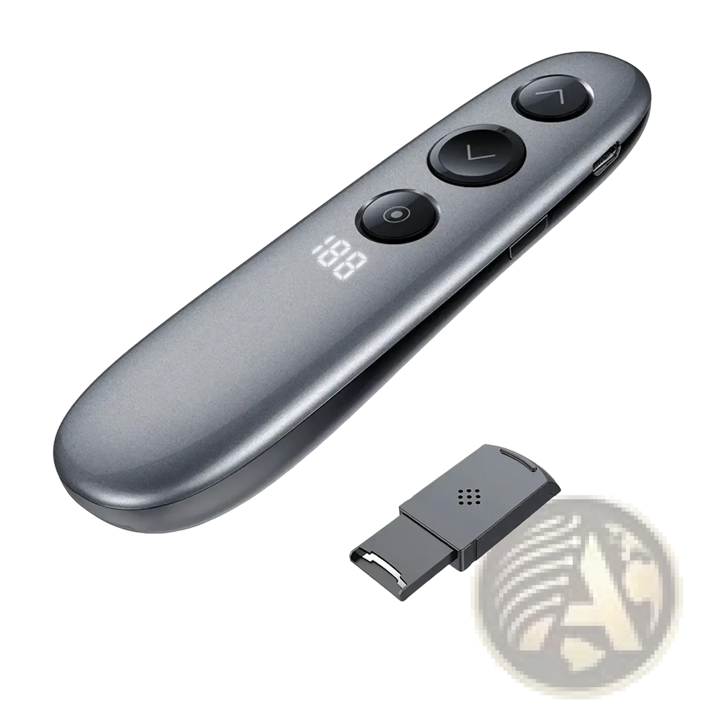 Wireless presenter remote with air mouse and spotlight in gray metallic finish with three black buttons and digital display 180