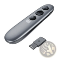 Wireless presenter remote with air mouse and spotlight in gray metallic finish with three black buttons and digital display 180