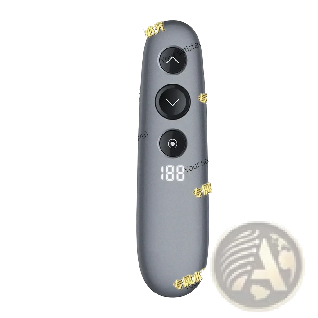 Gray h100 wireless presenter remote with air mouse spotlight featuring three black circular buttons and digital display 88