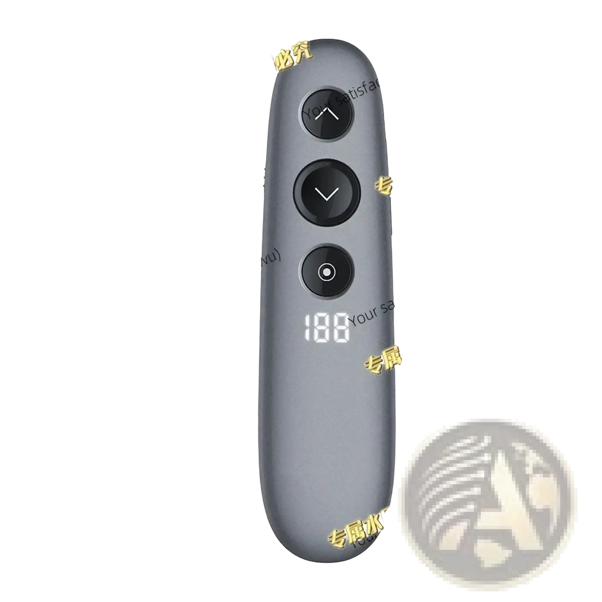 Gray h100 wireless presenter remote with air mouse spotlight featuring three black circular buttons and digital display 88
