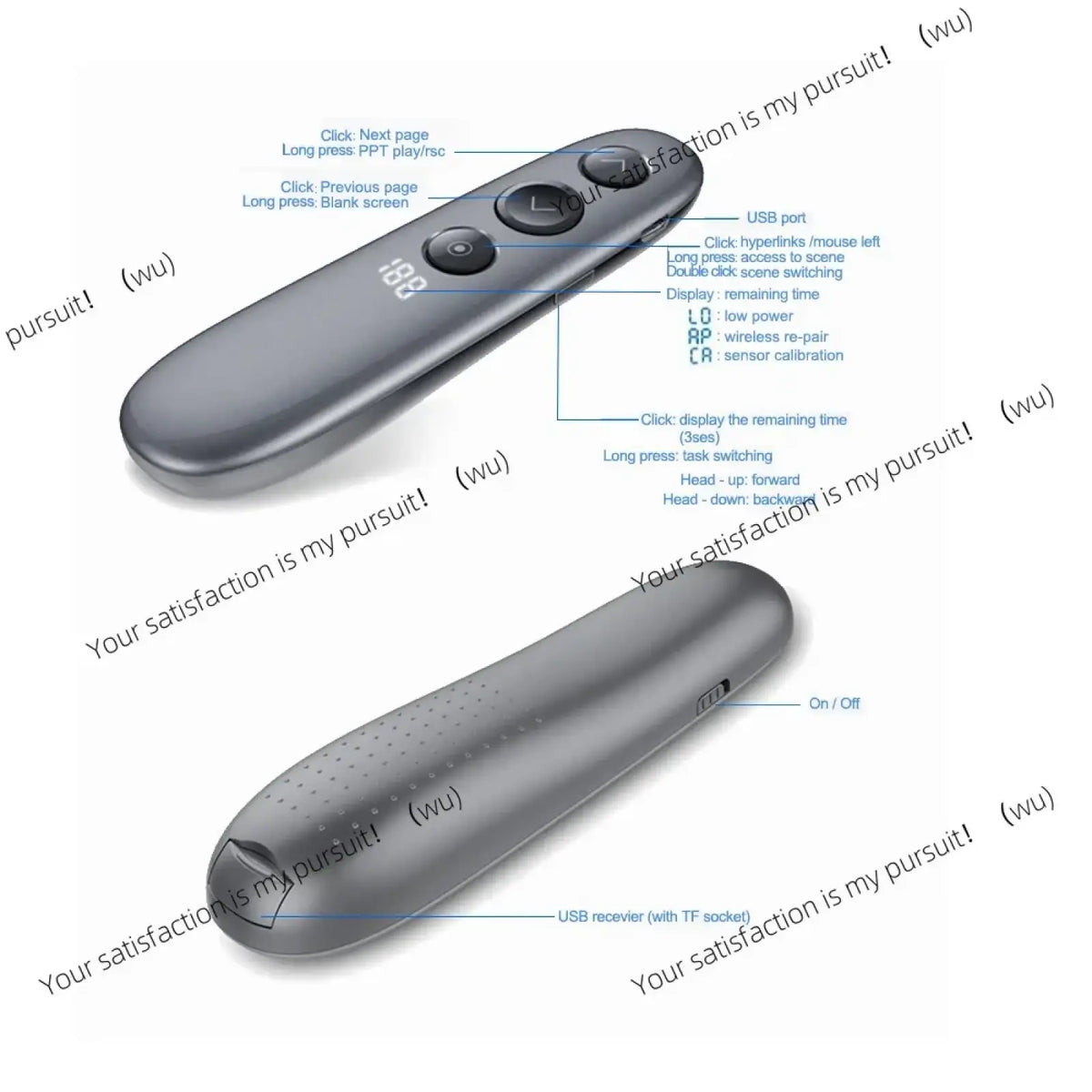 Gray wireless presenter remote with air mouse and spotlight features three buttons and a usb port for connectivity