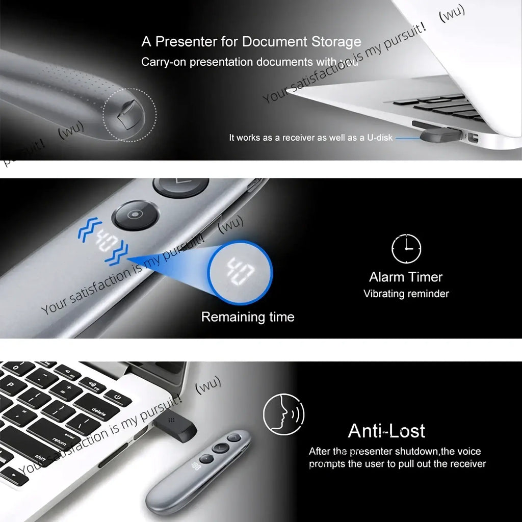 Silver metallic wireless presenter remote with air mouse and spotlight featuring sleek design and three side buttons