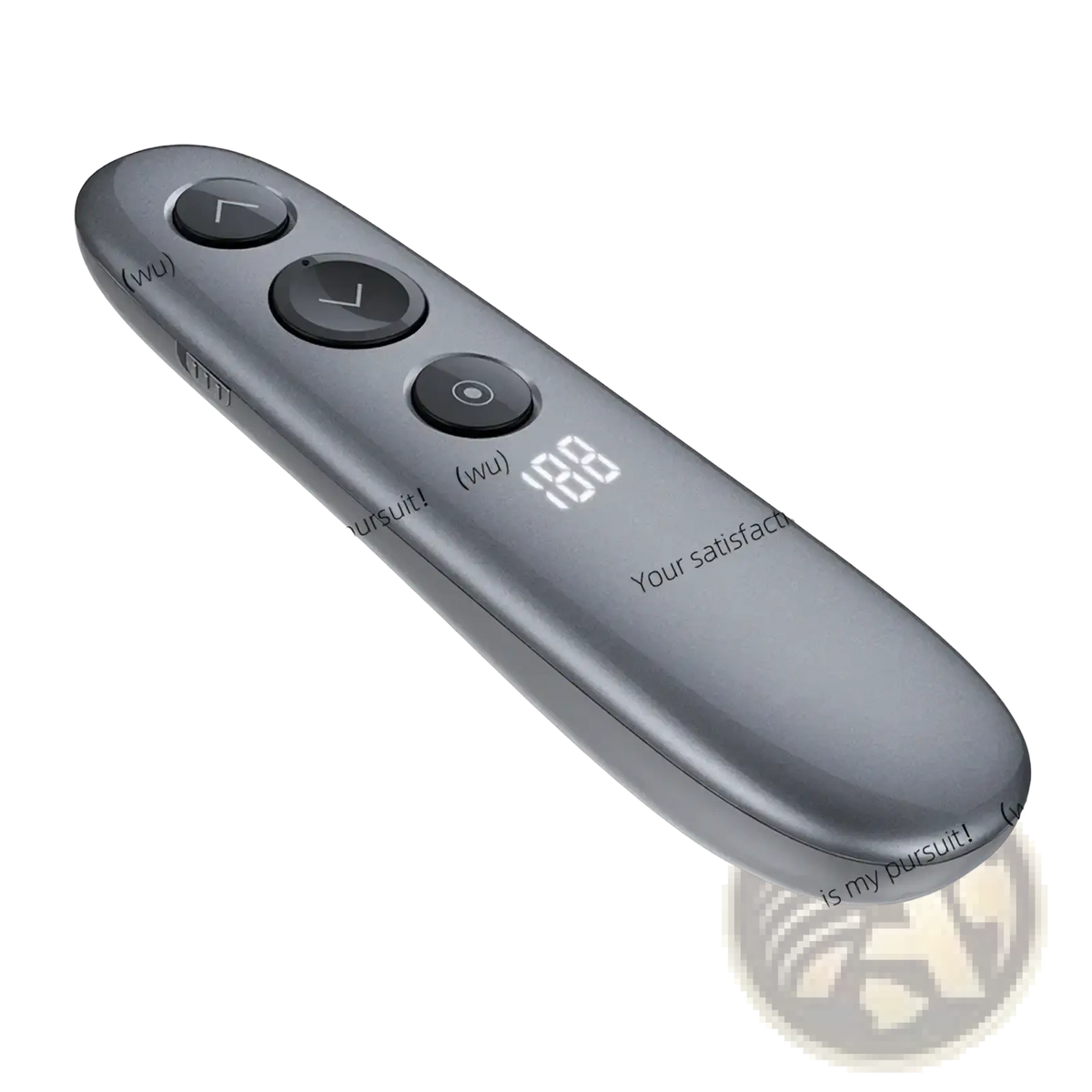 A sleek matte gray wireless presenter remote with air mouse, spotlight, three circular buttons, and digital display showing 188