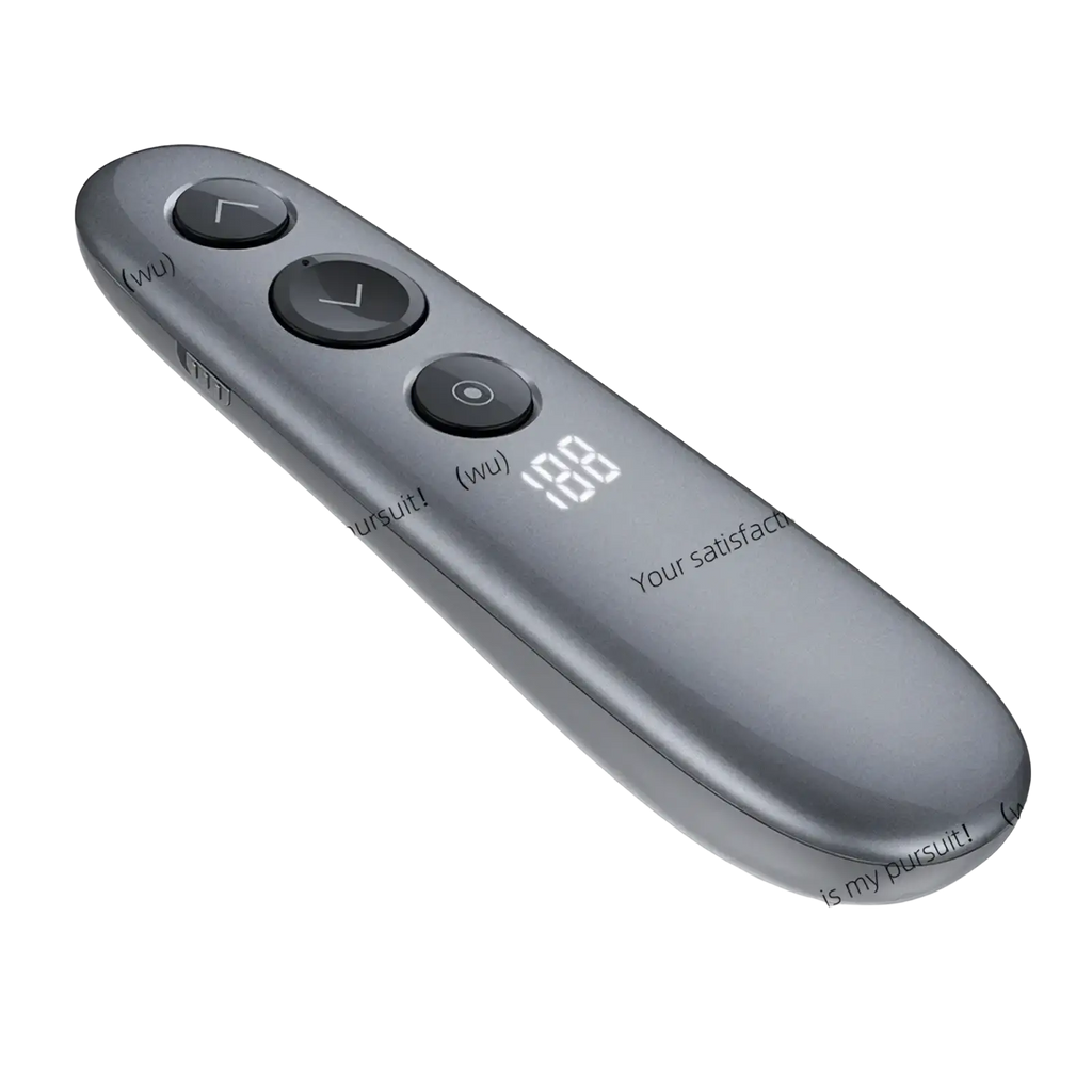 A sleek matte gray wireless presenter remote with air mouse, spotlight, three circular buttons, and digital display showing 188