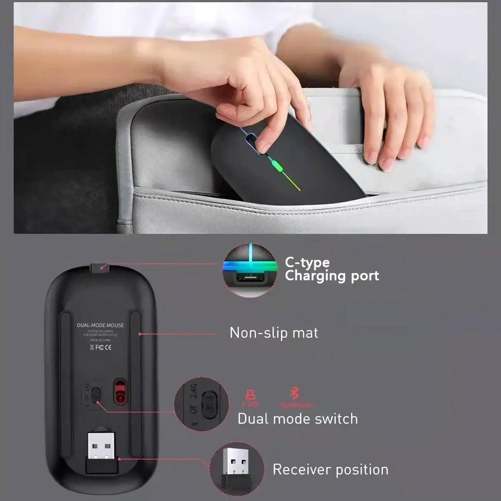 Black wireless rechargeable silent led mouse with rgb lighting and dual-mode charging port back side view