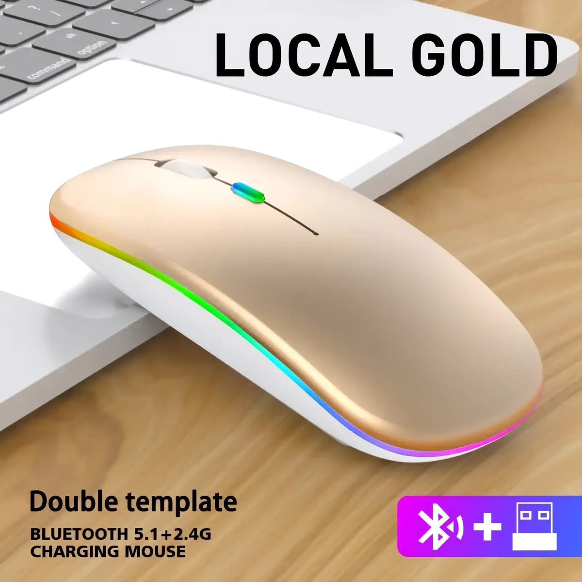 Gold-colored wireless rechargeable silent led dual mode mouse with sleek ergonomic design and rainbow led lighting edges