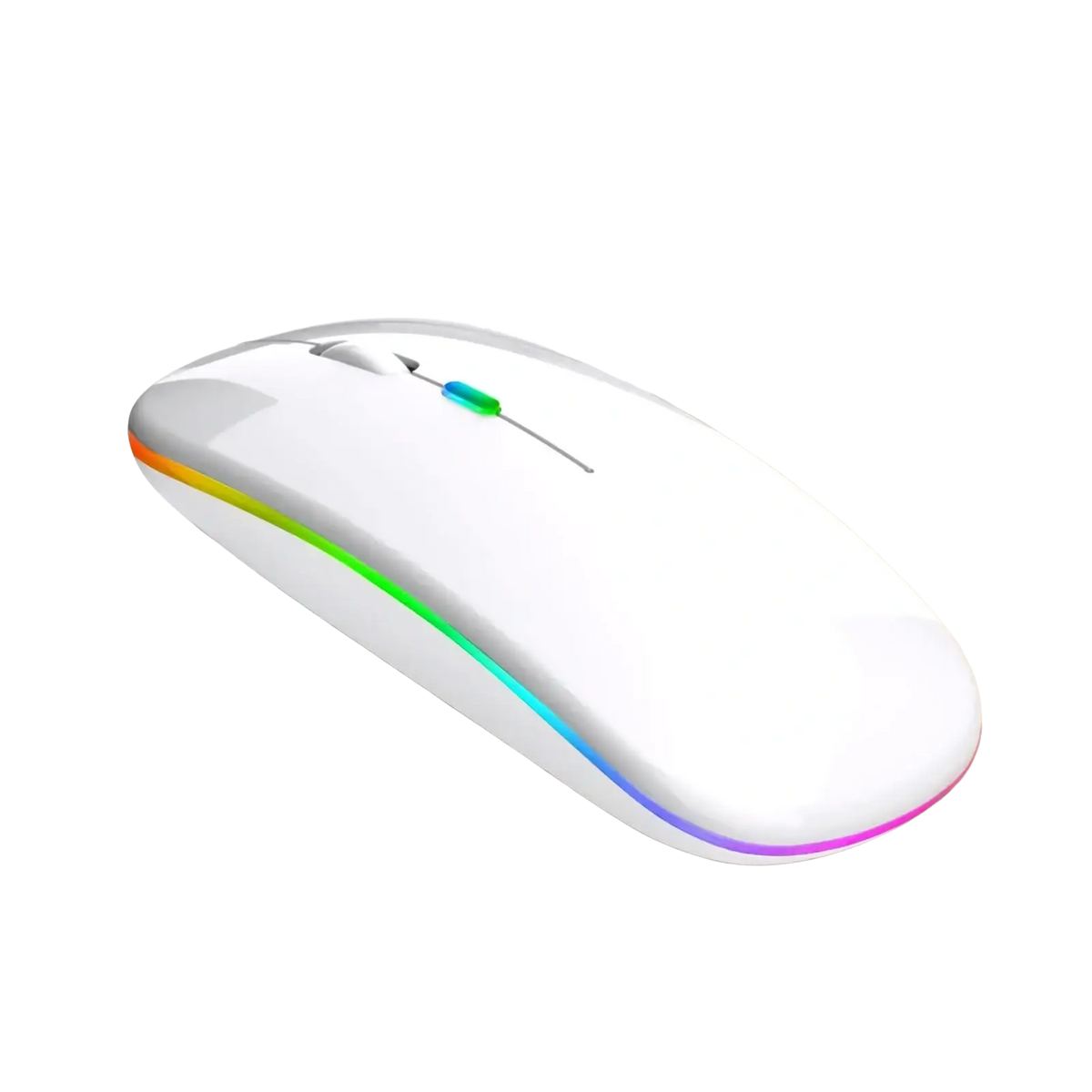Mirror white wireless rechargeable silent led dual mode mouse with sleek glossy finish and vibrant rgb lighting along edge