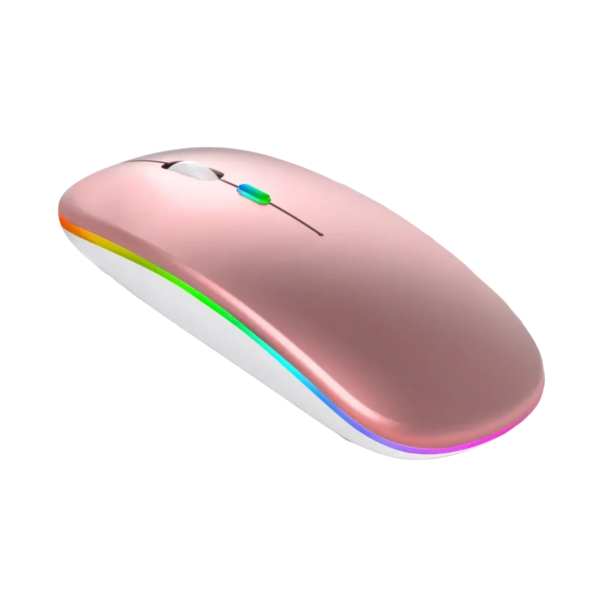 Rose gold wireless rechargeable silent led dual mode mouse with sleek ergonomic design and colorful rgb lighting along edge