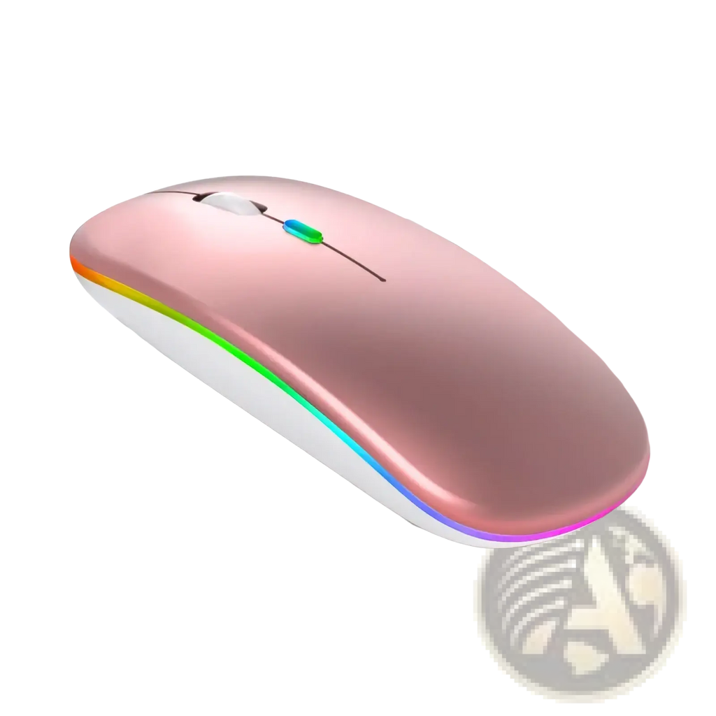 Rose gold wireless rechargeable silent led dual mode mouse with sleek ergonomic design and colorful rgb lighting along edge