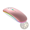 Rose gold wireless rechargeable silent led dual mode mouse with sleek ergonomic design and colorful rgb lighting along edge