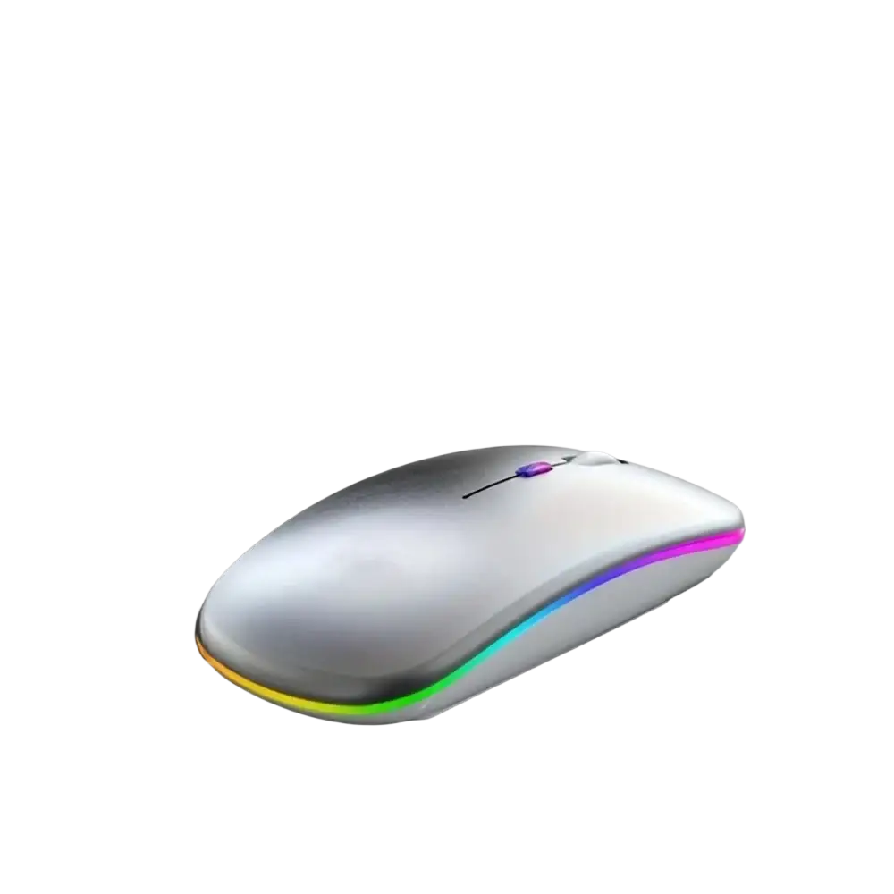 Silver wireless rechargeable silent led dual mode mouse with rainbow led lighting along its curved wireless charging edge