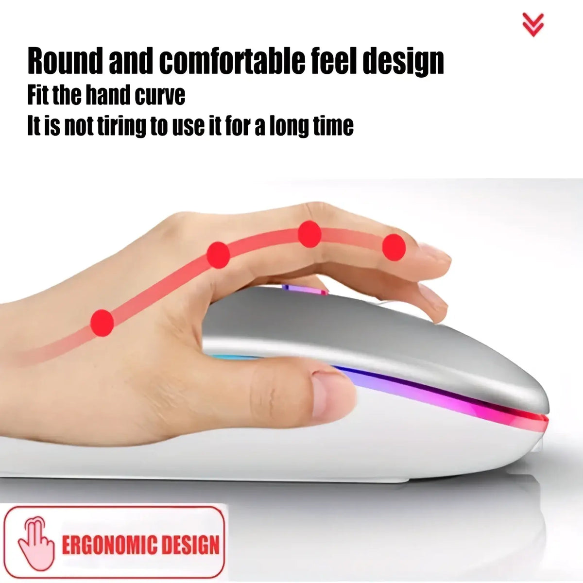 Silver wireless rechargeable silent led dual mode ergonomic mouse with sleek rounded design and rgb lighting on its side