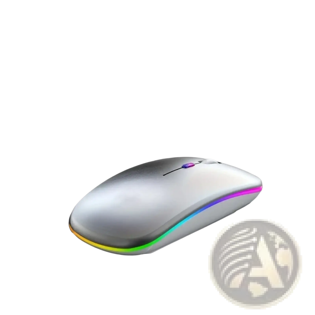 Silver wireless rechargeable silent led dual mode mouse with rainbow led lighting along its curved wireless charging edge