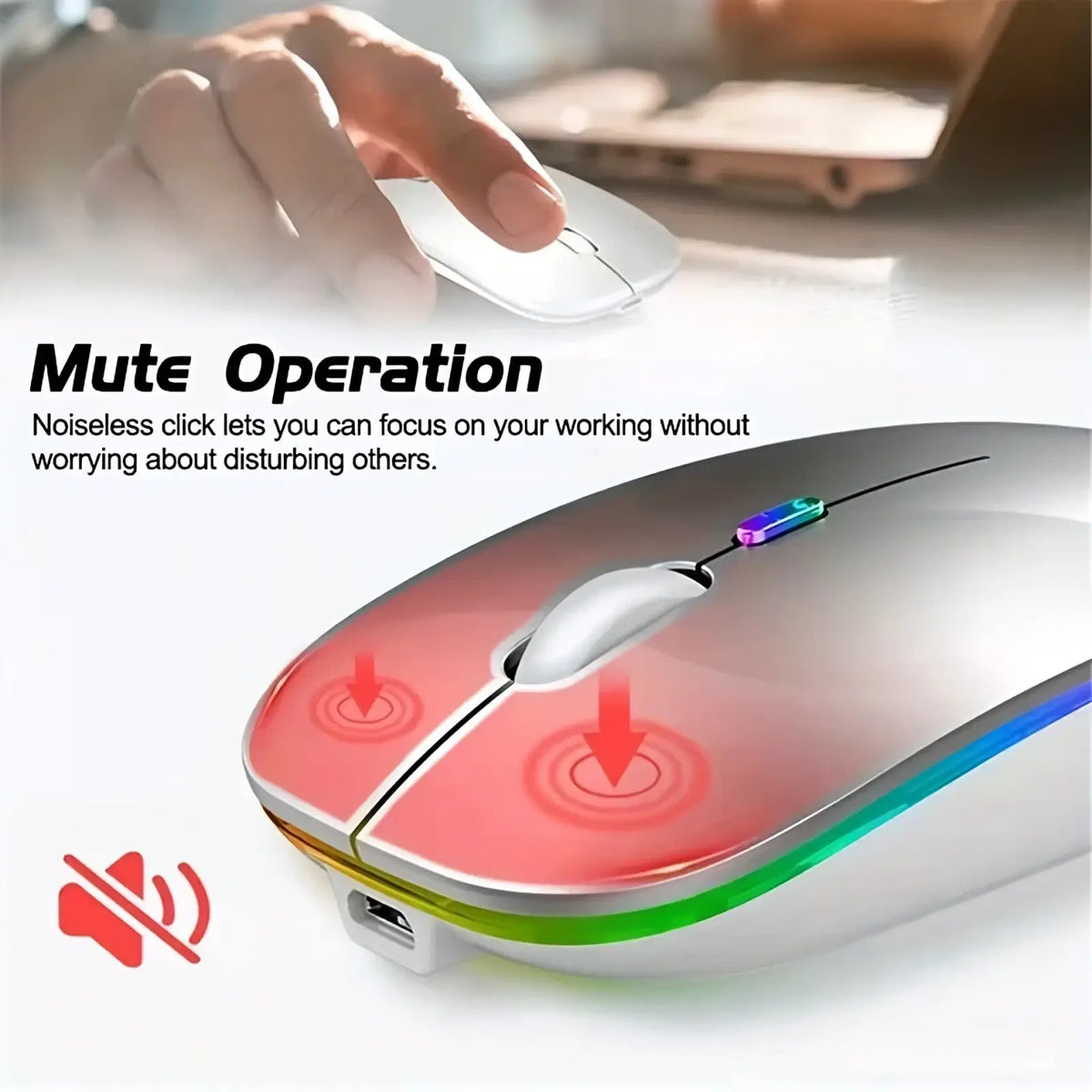 Silver and white wireless rechargeable silent led dual mode mouse with rgb lighting and colorful scroll wheel accent