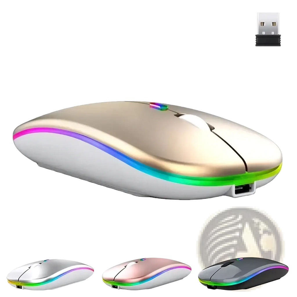 A sleek gold-colored wireless rechargeable silent led dual mode mouse with metallic finish and vibrant rgb lighting
