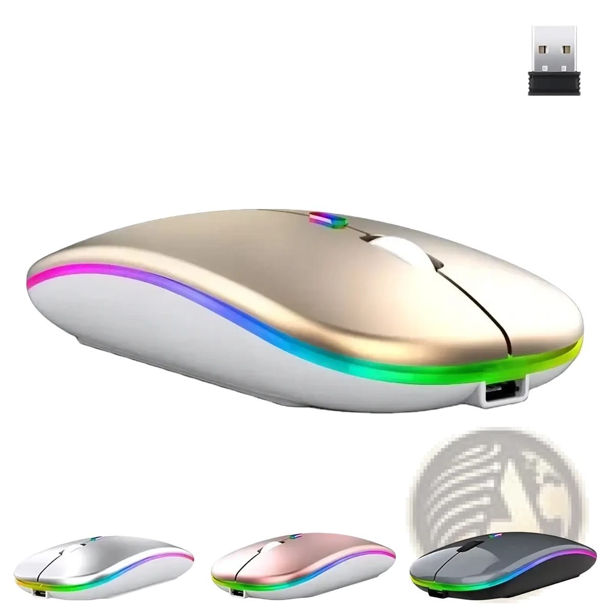 A sleek gold-colored wireless rechargeable silent led dual mode mouse with metallic finish and vibrant rgb lighting