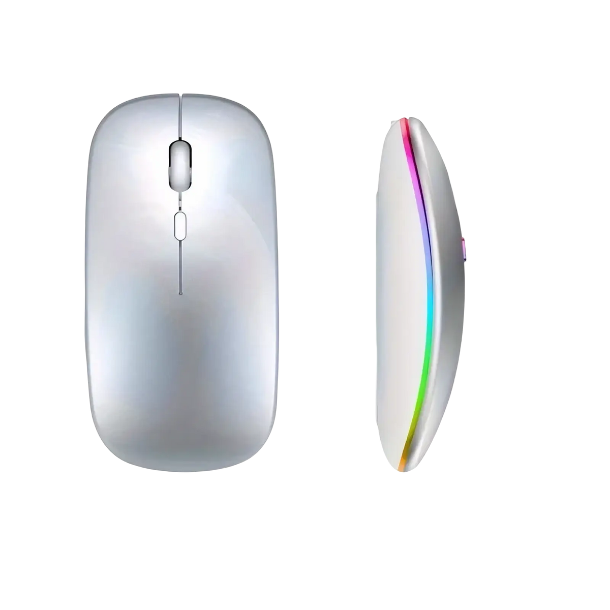 A sleek silver wireless rechargeable silent led dual mode mouse with a glossy finish and rgb light strip