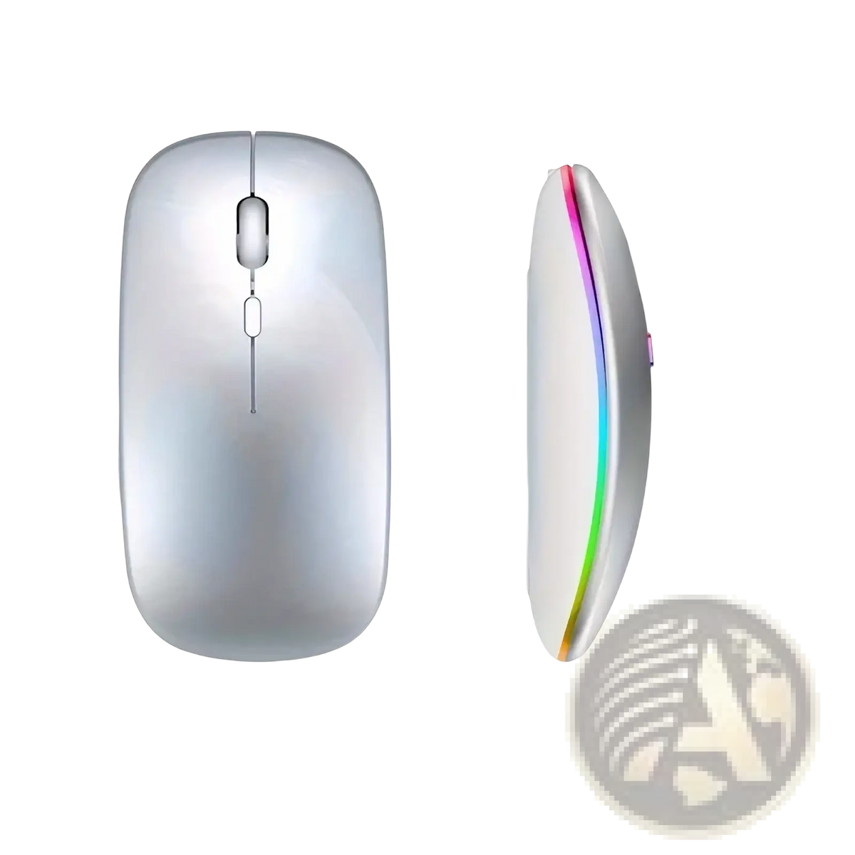 A sleek silver wireless rechargeable silent led dual mode mouse with a glossy finish and rgb light strip