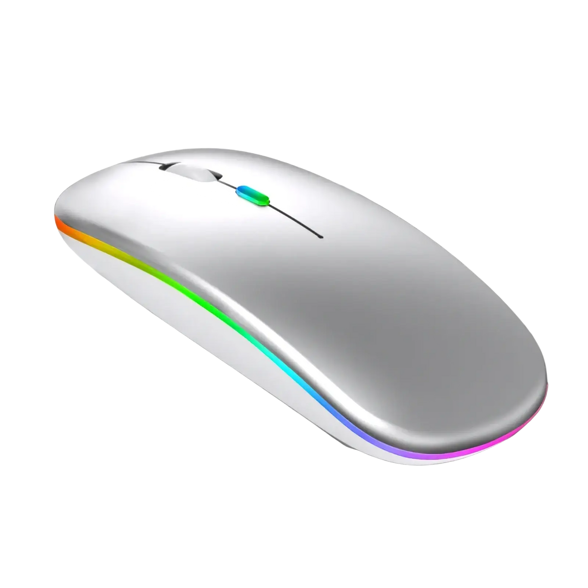 Space silvery wireless rechargeable silent led dual mode mouse with sleek silver body and rainbow LED lighting edges
