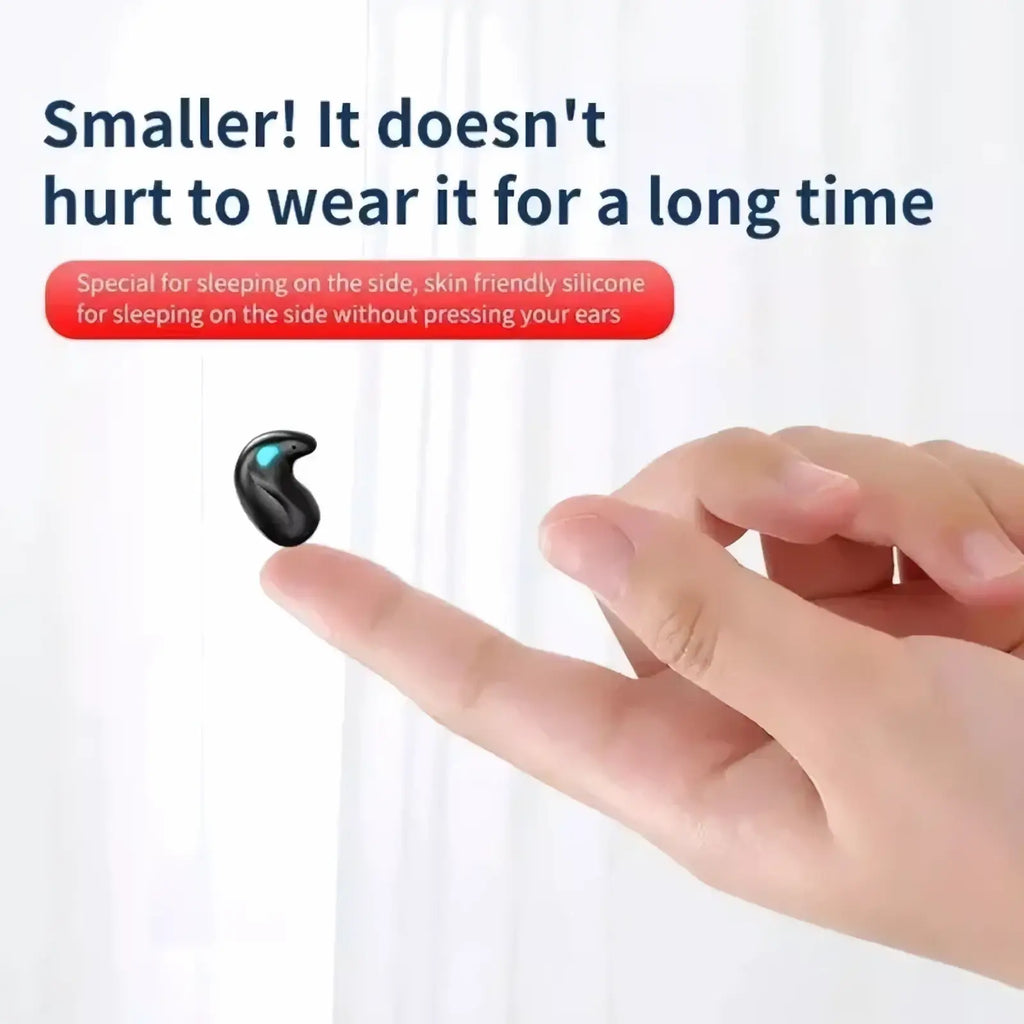 Black silicone wireless sleeping earbud with glowing blue light featuring bluetooth 5.3 mini headphones