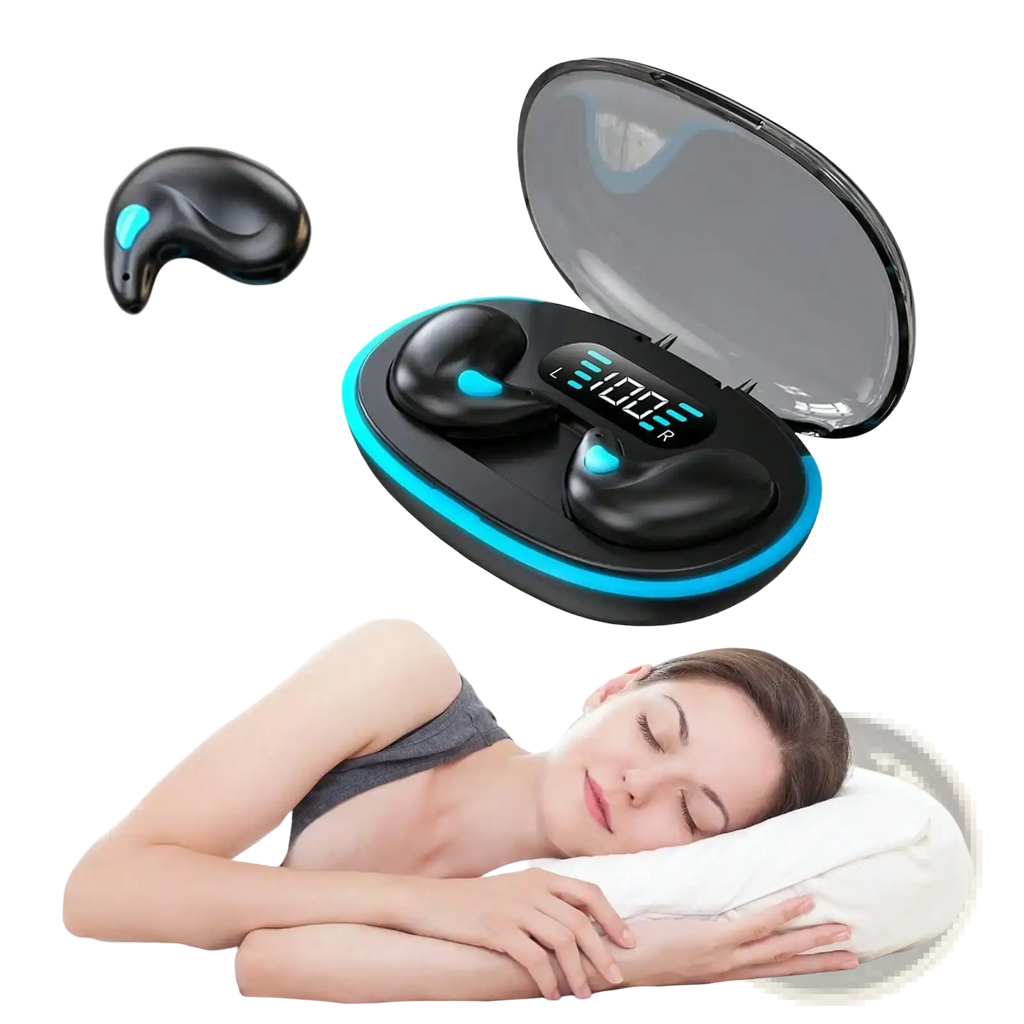 Black wireless sleeping earbuds with blue accent lighting in a sleek charging case featuring bluetooth 5.3 technology