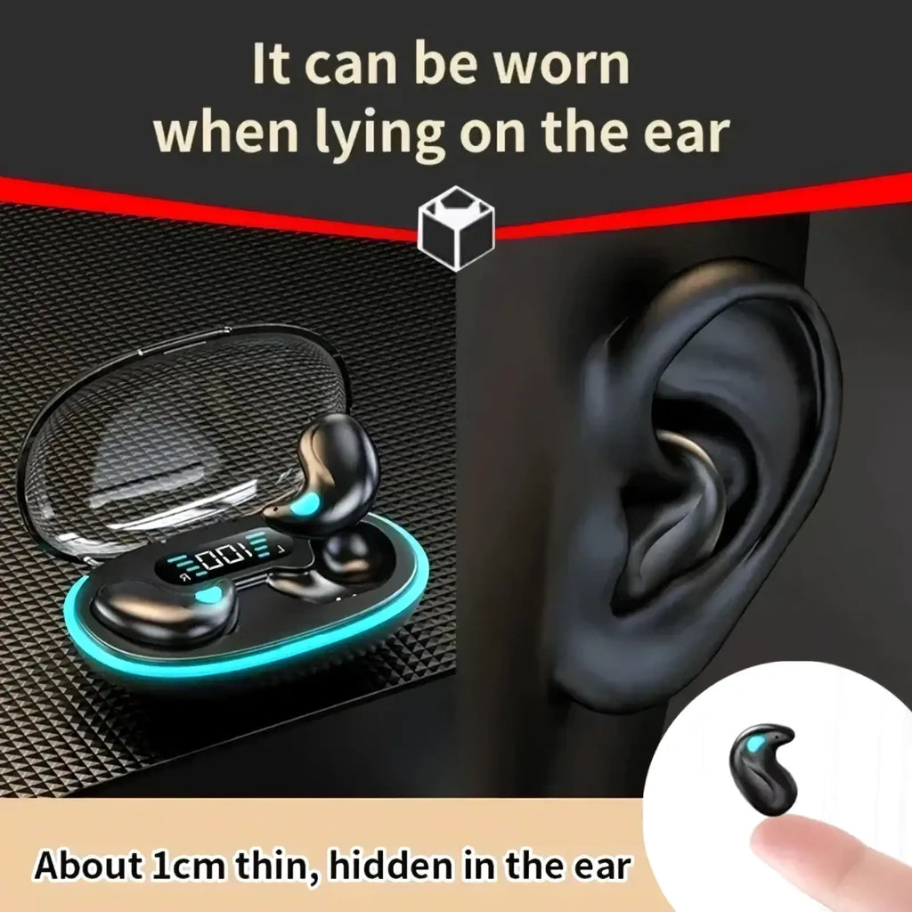 Black wireless sleeping earbuds with ergonomic design and glowing blue led accents on charging case bluetooth 5.3 mini headphones