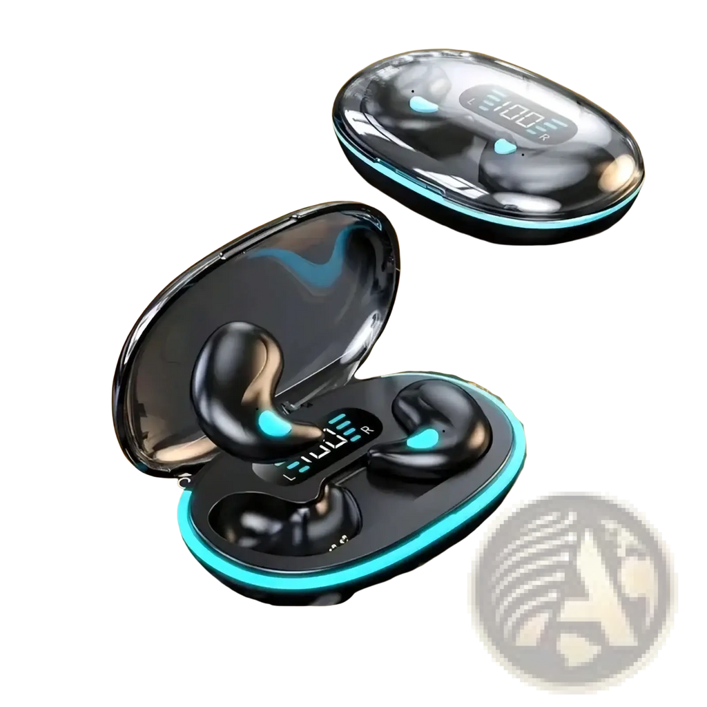 Black wireless sleeping earbuds bluetooth 5.3 with teal led accents inside a glossy charging case showing battery levels