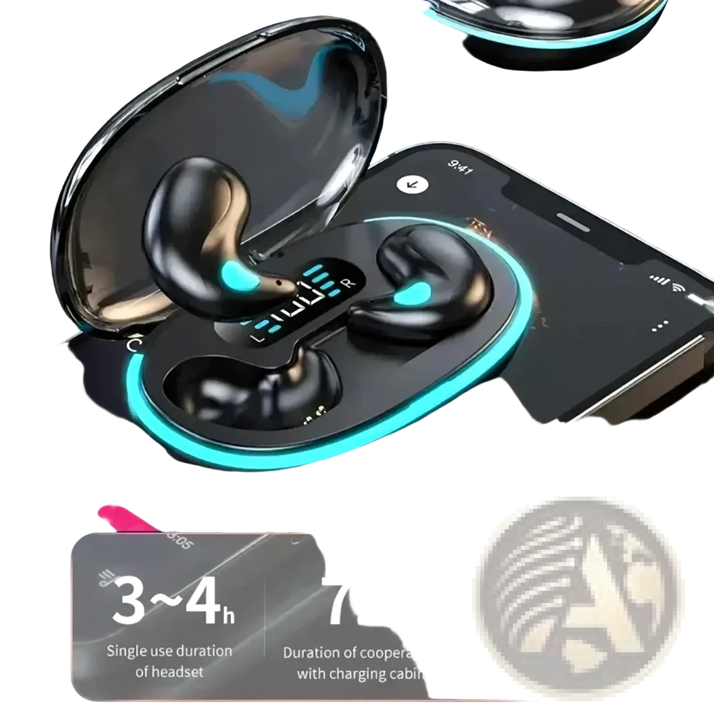Black wireless sleeping earbuds with teal led lighting in a sleek glossy charging case featuring Bluetooth 5.3