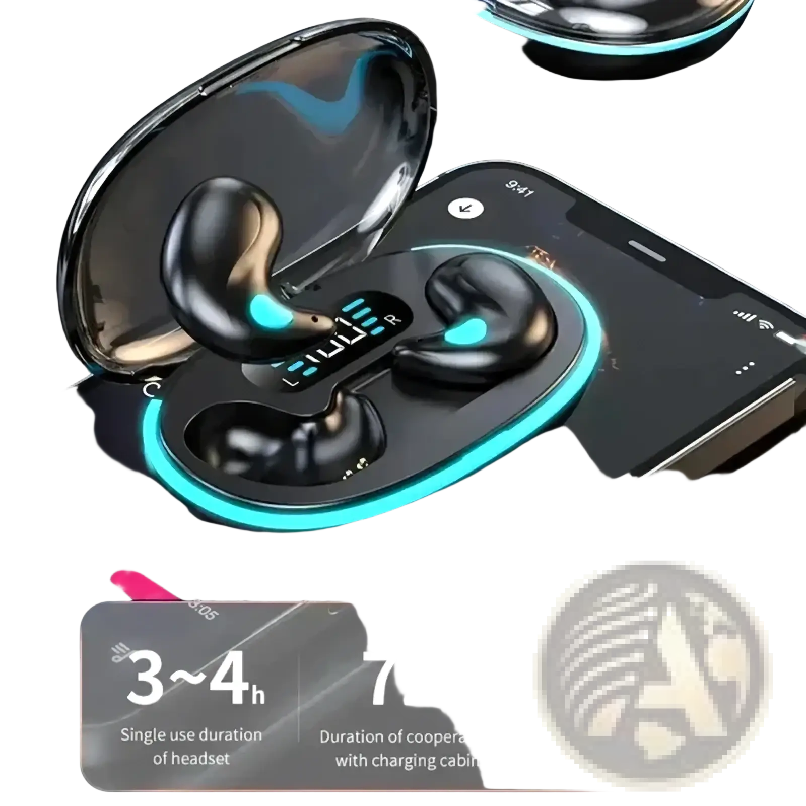 Black wireless sleeping earbuds with teal led lighting in a sleek glossy charging case featuring Bluetooth 5.3