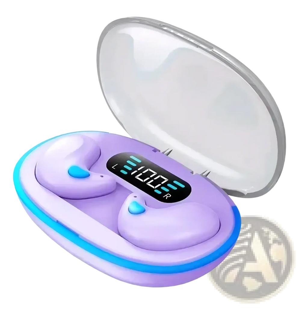 Wireless sleeping earbuds bluetooth 5.3 mini headphones in purple with blue accent lights and digital display charging case